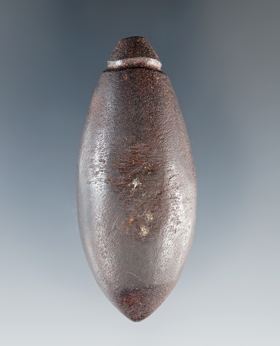 2 1/8" Archaic Plummet made from Hematite. Found along Grassy Creek in Rossford, Wood Co., Ohio.