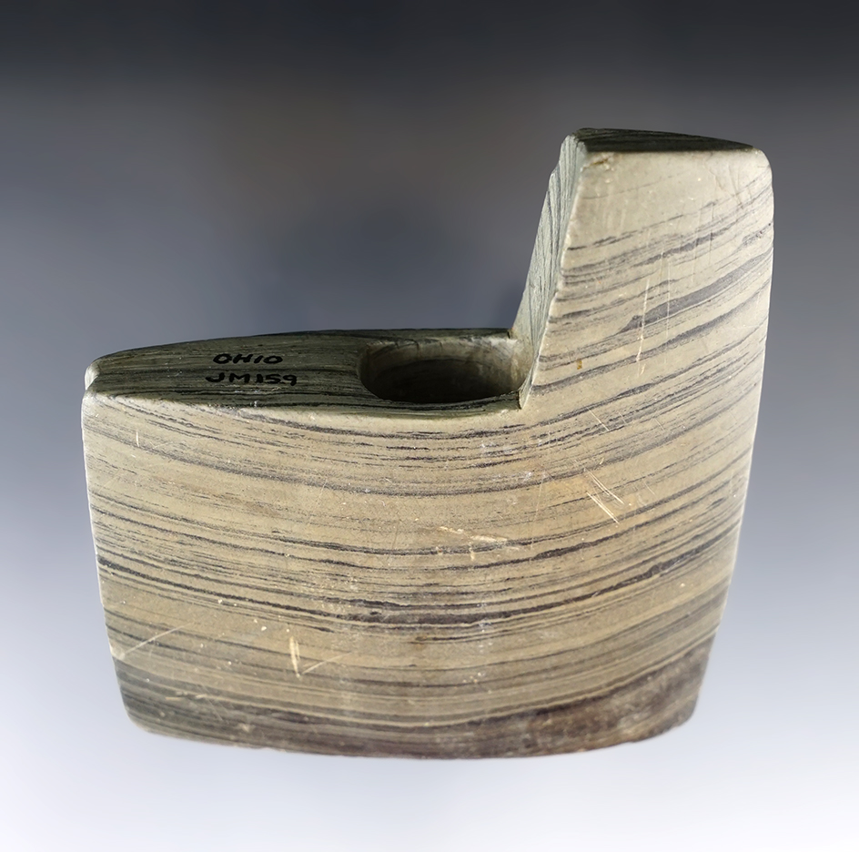 2 15/16" Archaic Geniculate made from green and black Banded Slate. Found in Ohio. Pictured!