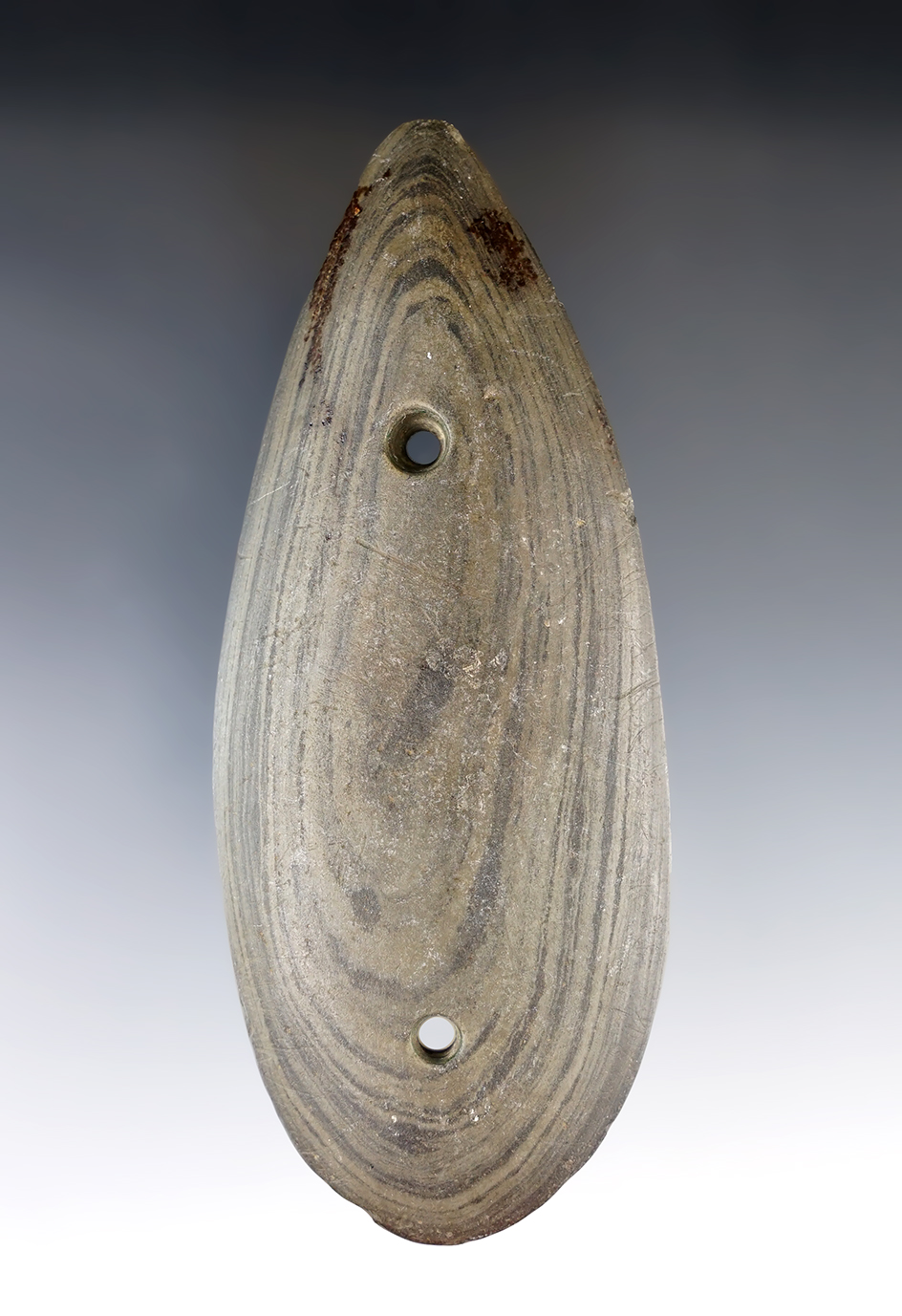 4 11/16" Glacial Kame Tear Drop Gorget made from Banded Slate. Found in Preble Co., Ohio. Ex. Gilley