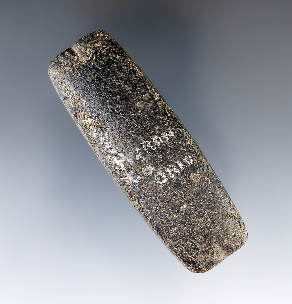 2 3/4" Loafstone that is notched on both ends. Found in Huron Co., Ohio. Pictured in Ohio Slate Type