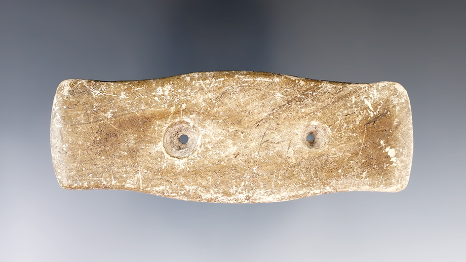 4" Hopewell Expanded Center Gorget made from Slate, found in Ohio. Ex. Cyrus Plough, Brenneman.