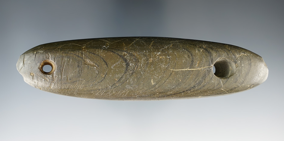 5 3/8" Glacial Kame Elliptical Gorget that is engraved and made from Banded Slate. Hardin Co., Ohio.