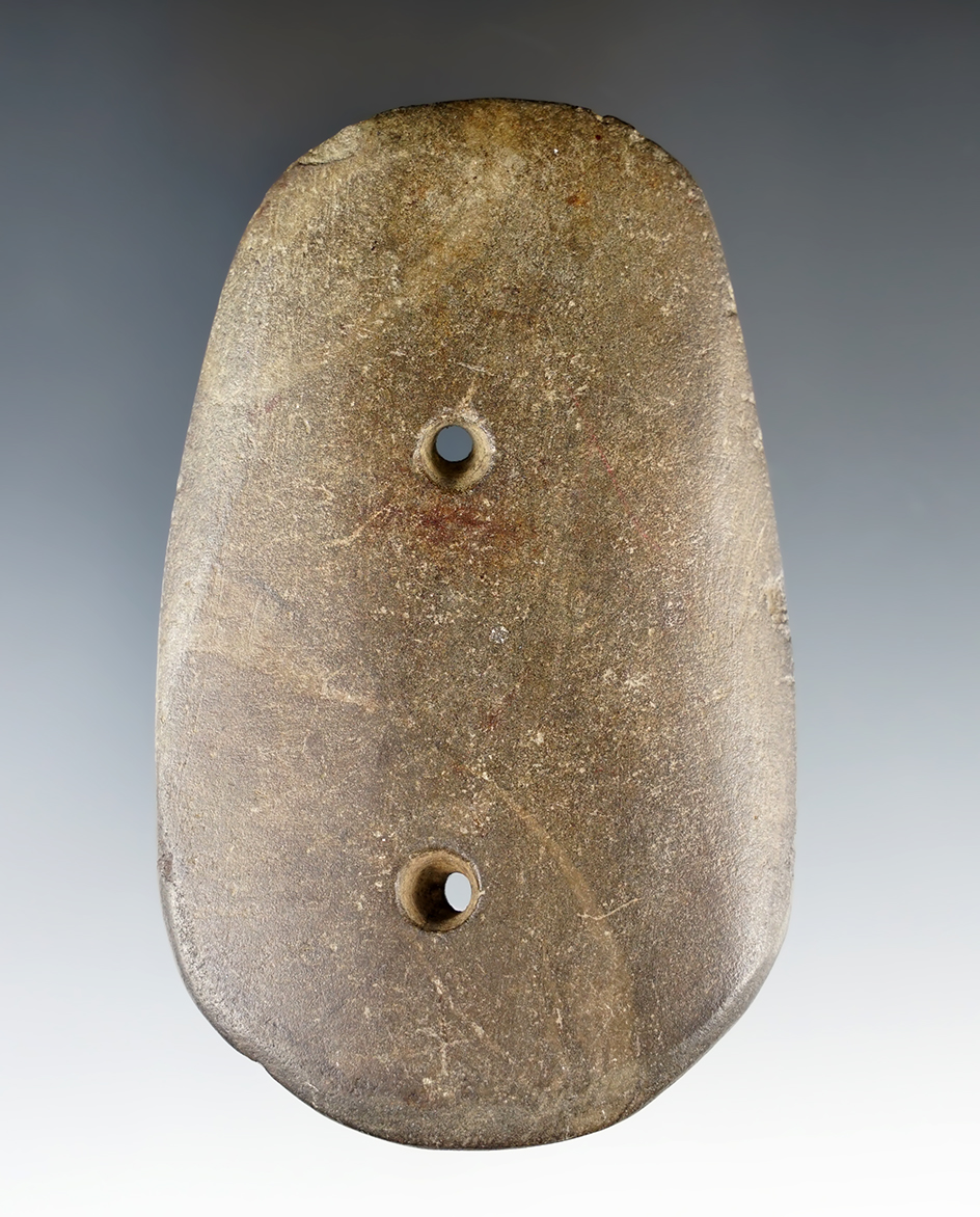 Glacial Kame Gorget made from brown Slate. Found in Allen Co., Ohio. Ex. Lester Breininger Collectio