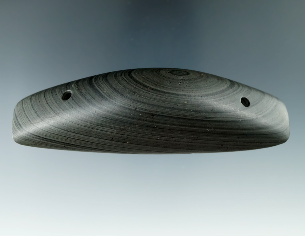 4 7/16" Early Woodland Drilled Boatstone made from green and black Banded Slate, found in Wood Co.,