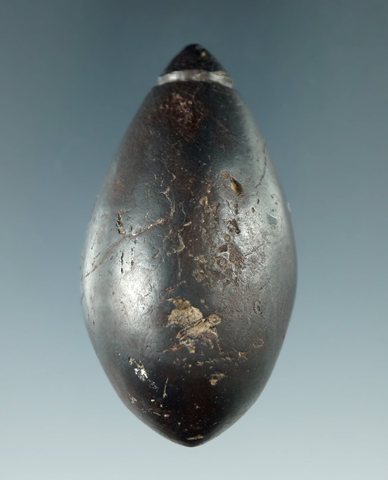 2 1/2" Archaic Grooved Plummet made from Hematite, found in Ross Co., Ohio. Ex. Gomer Moore Collecti