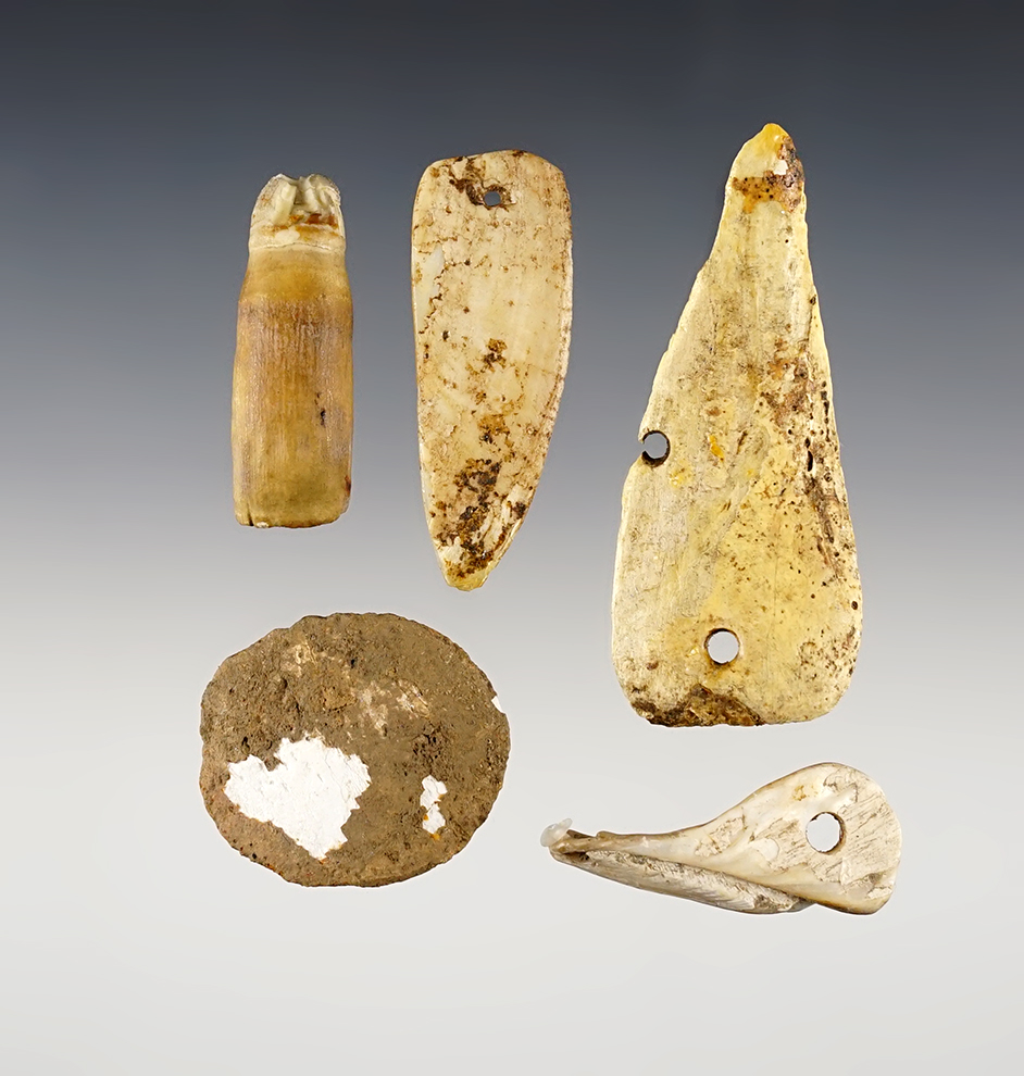 5 artifacts found at the Fox Field Site in Mason Co., KY. Shell Pendant, Shell Gorget, etc. 