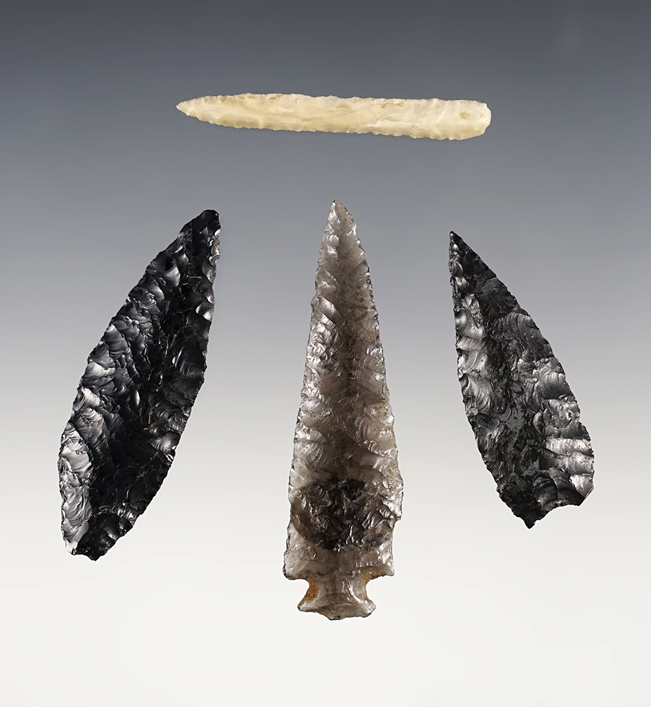 Set of 4 Oregon flaked artifacts including a nice pin drill. Largest is 2 5/8". 