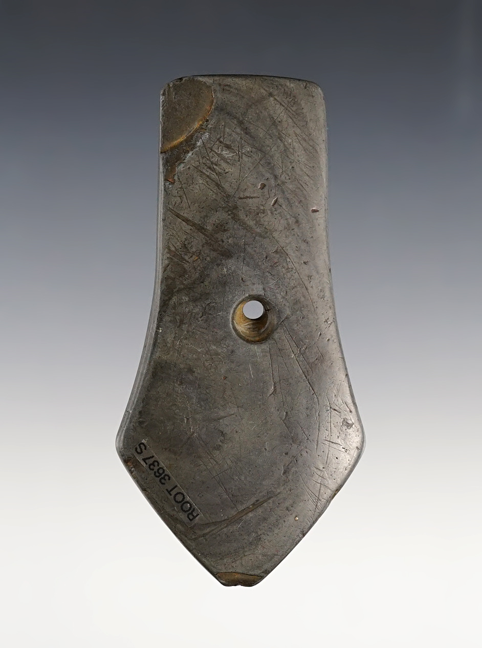 Thin 3 9/16" Hopewell Pentagonal Pendant - Lorain Co., Ohio. Ex. Hooks (#21A), Root (#3637S)