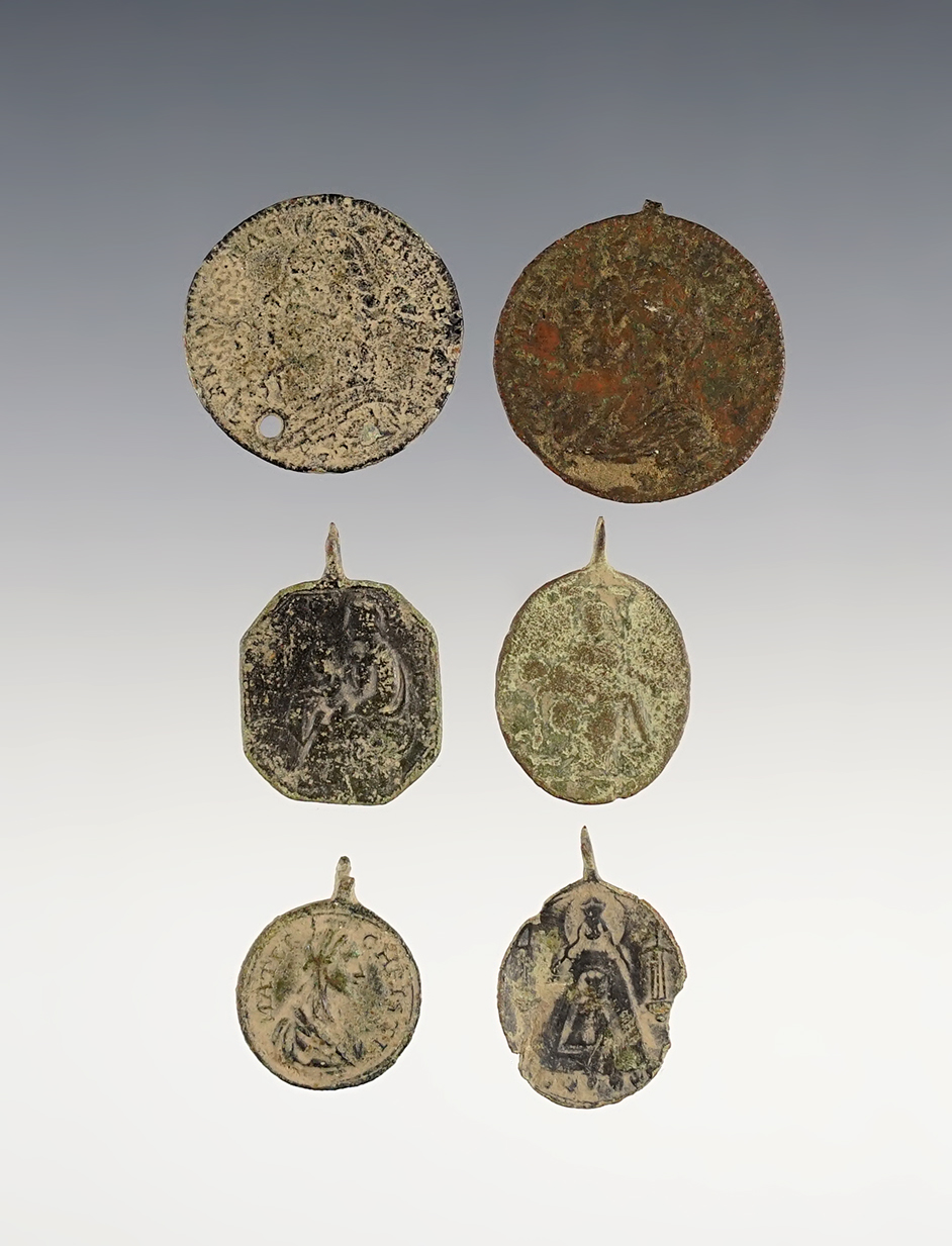 Nice set of 6 Religious Trade Medals recovered at the White Springs Site in Geneva, New York. 