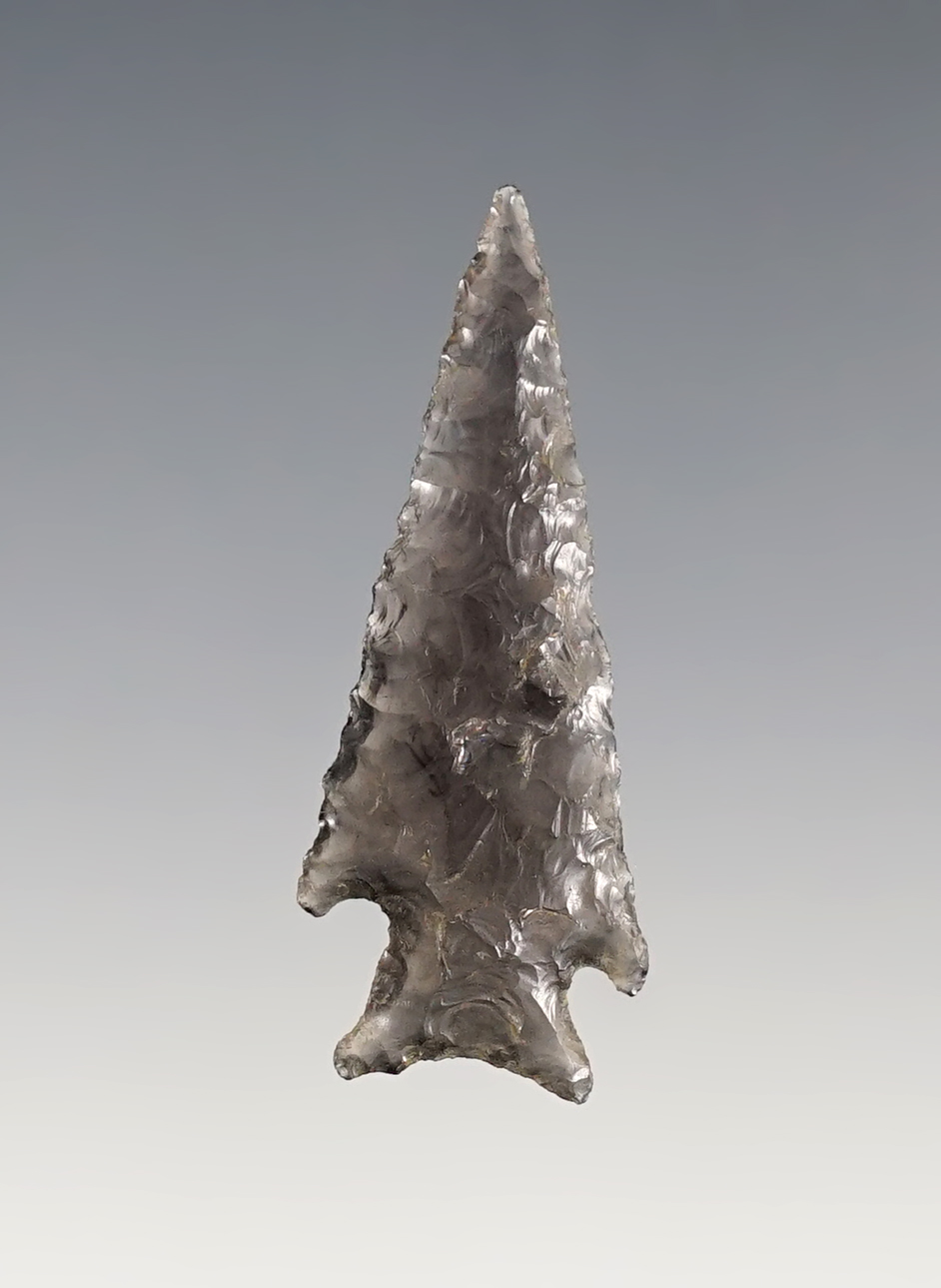 Highly translucent Obsidian 1 13/16" Elko Corner Notched. Recovered in Oregon.