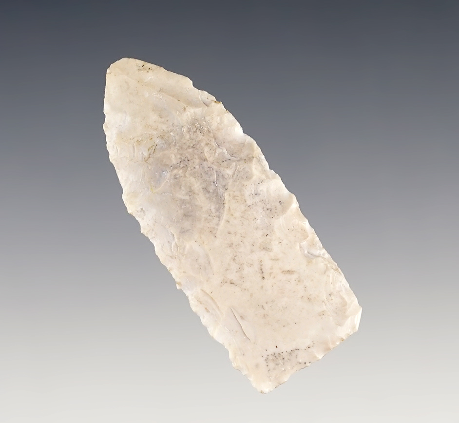 2 7/16" Paleo Milnesand made from nicely patinated white chert recovered in Tulsa County Oklahoma. Comes with a Rogers COA.