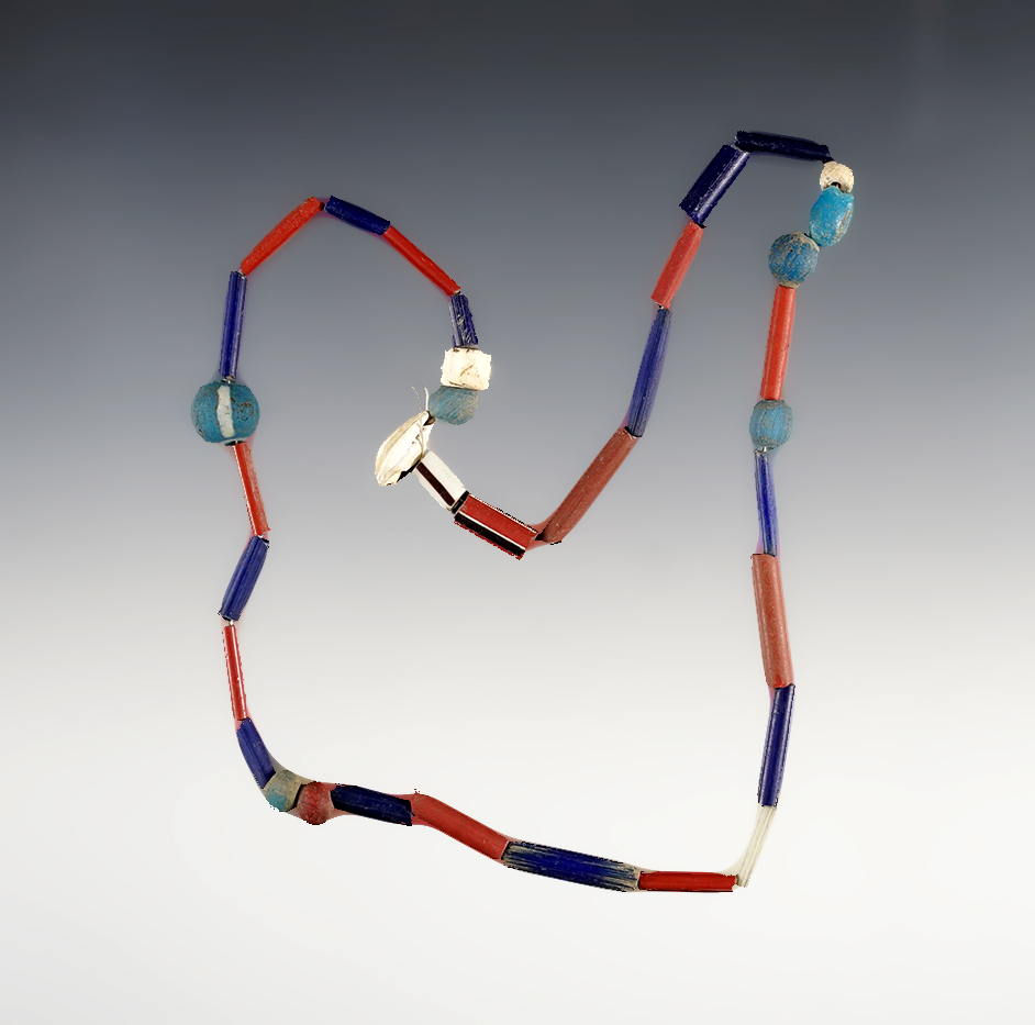 16" Strand of red, white and blue straw, tubes with stripes, shell and "Dutch" blue beads. NY.