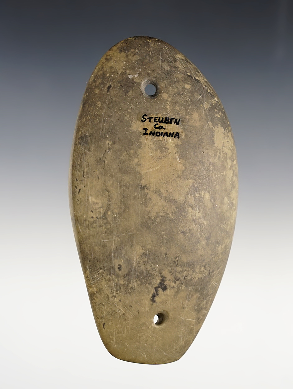 4 1/2" Glacial Kame Gorget made from Slate. Found in Steuben Co., Indiana. 