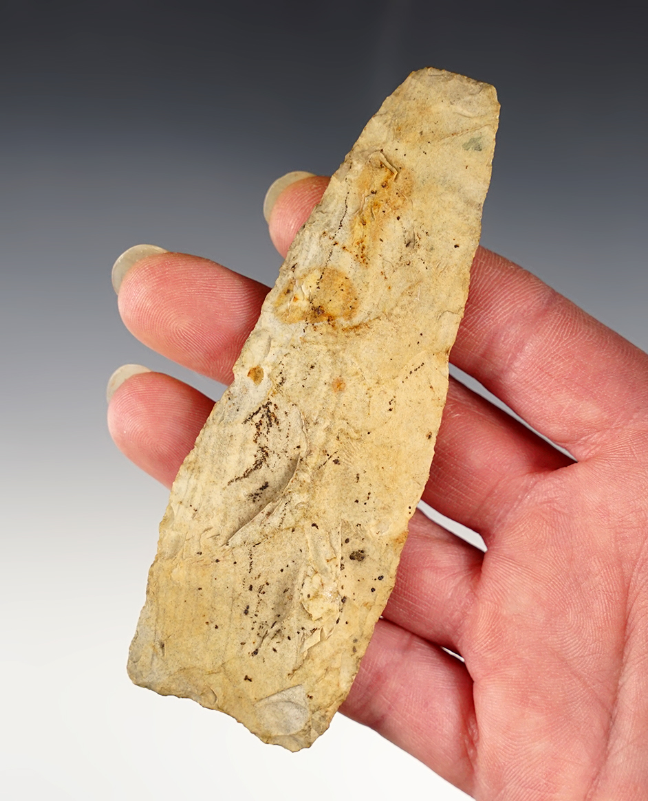 4 1/2" Paleo Knife with a unique chisel tip. Pictured in Prehistoric American Volume #3, page 24