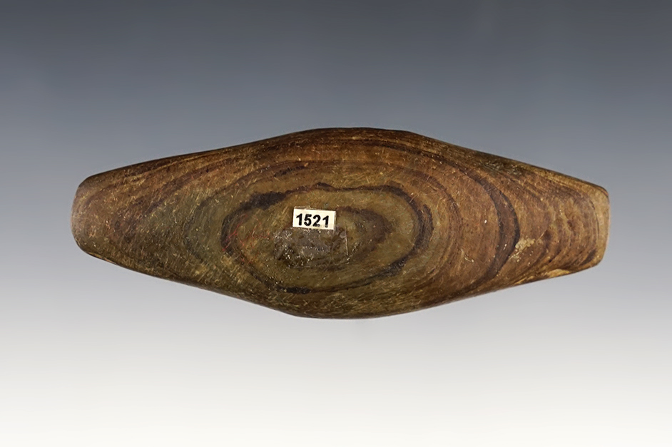 3 7/8" Undrilled Adena Expanded Center Gorget made from green and black Banded Slate. Ohio. 