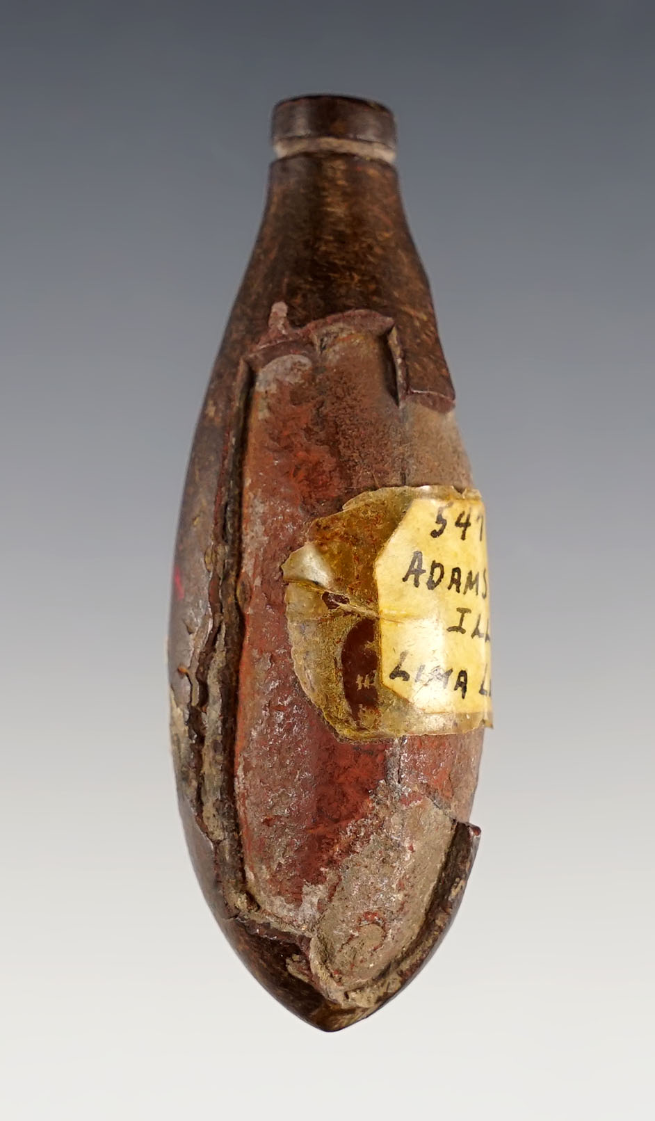 2 7/8" Grooved Plummet made from Limonite. Recovered in Adams Co., Illinois.