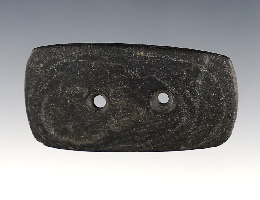 2 5/8" Miniature Hopewell Rectangular Gorget made from Banded Slate. Found in Ross Co., OH.