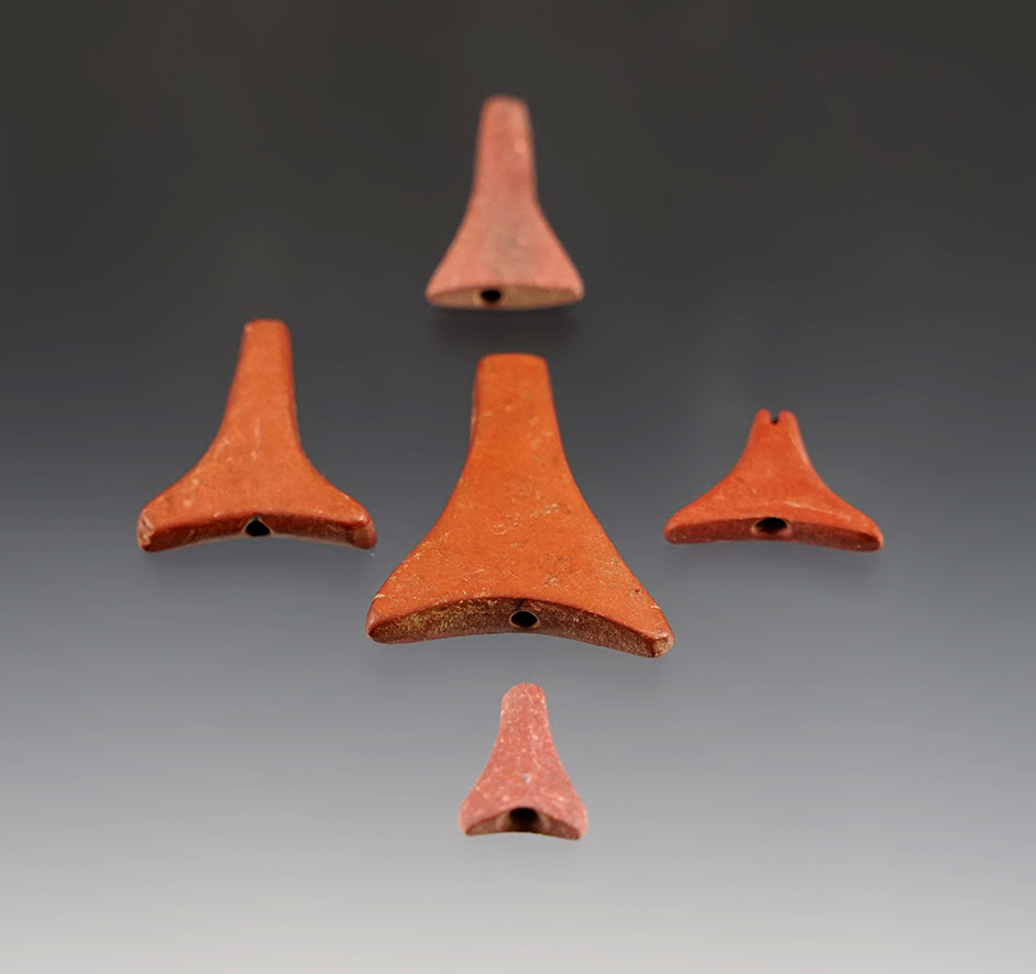 Set of 5 red Slate and Catlinite Triangular Beads that are nicely styled. Recovered in New York. 