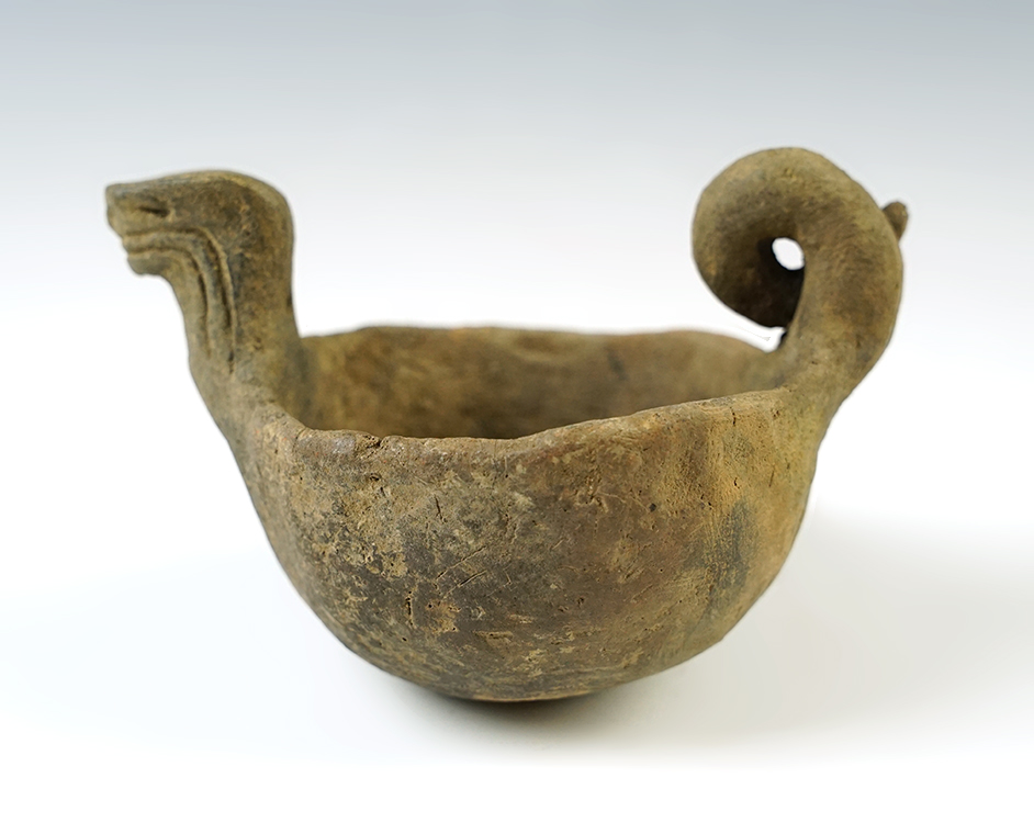 4" long x 2 1/2" tall Mississippian Miniature Cat/Serpent Effigy Bowl recovered in Lee Co., AR.