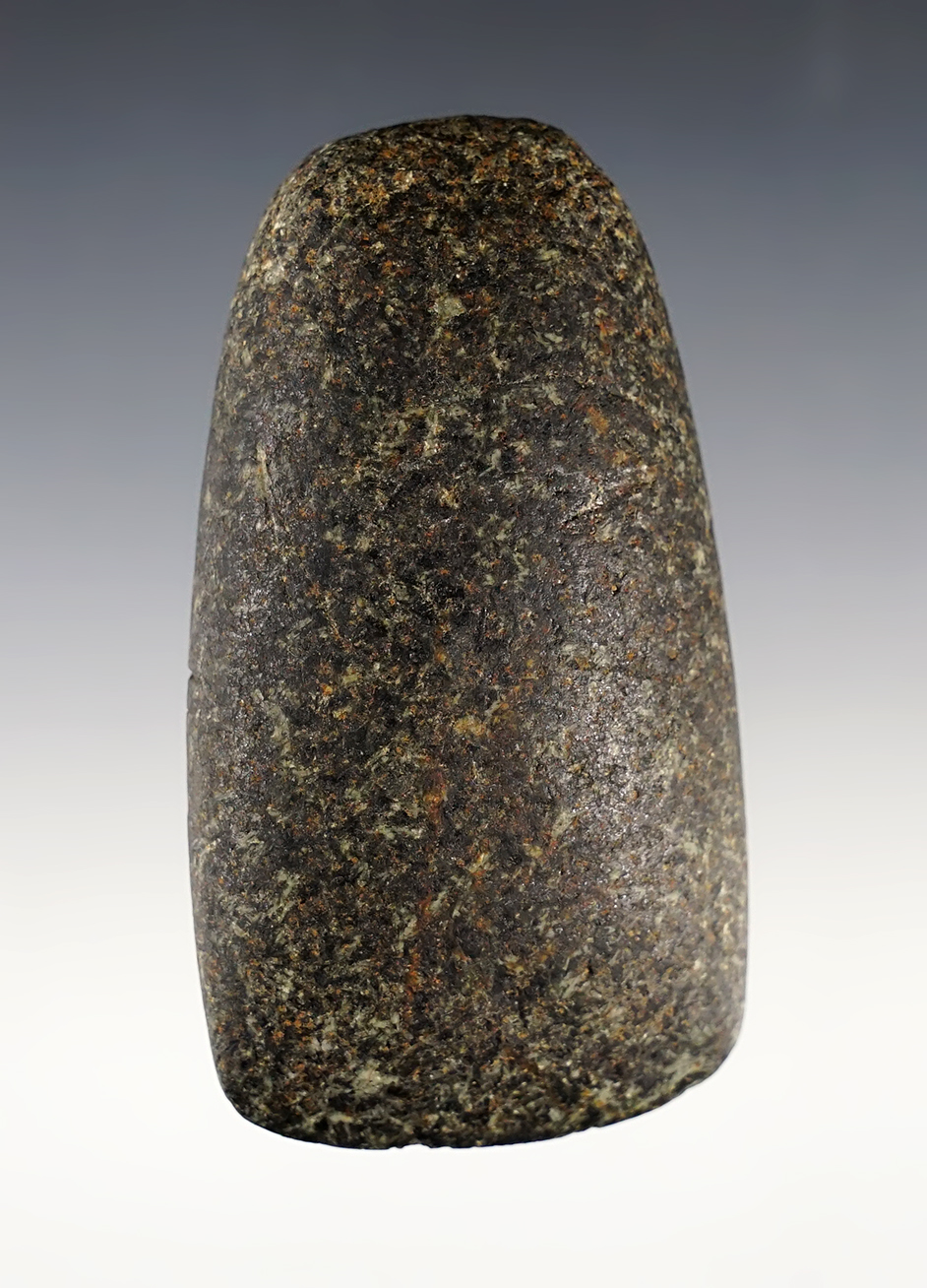 Well patinated 3 5/16" Hardstone Celt found in Greene Co., Illinois. Ex. Larry Van Bibber. 