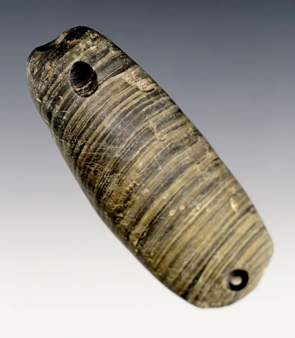 3 7/16" Bar Weight with birdstone style drilling found in Allen Co., Indiana. Ex. Carol Emerson. 