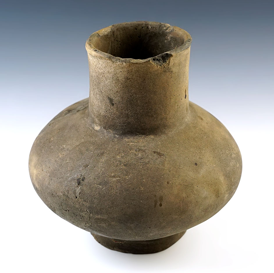 Large 7 1/2" tall by 7 1/4" wide Mississippian Pedestal Base Bottle.  Mississippi Co., Arkansas. 