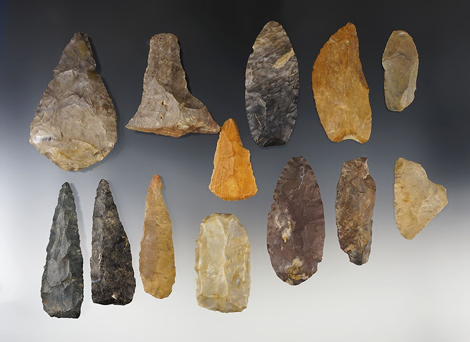 Group of 13 Paleo Knives and Scrapers found in Ohio. 