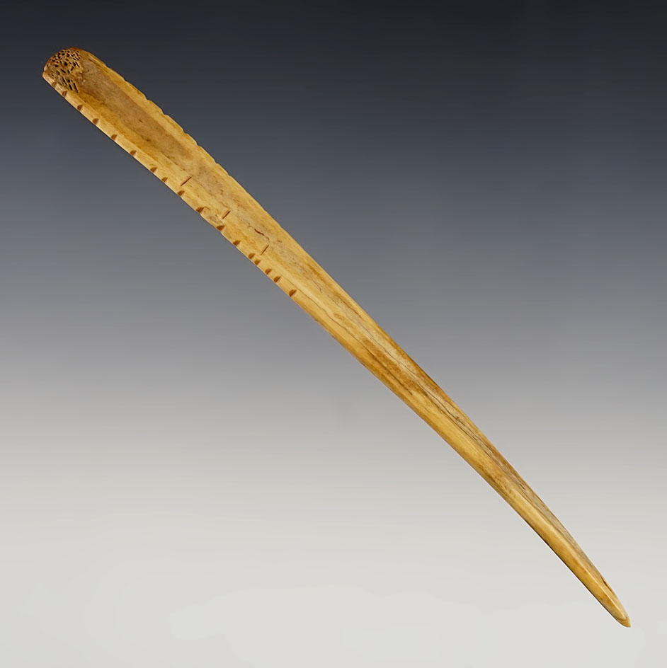 5 11/16" polished Bone Awl with tally marks at top. Found in Ohio. 