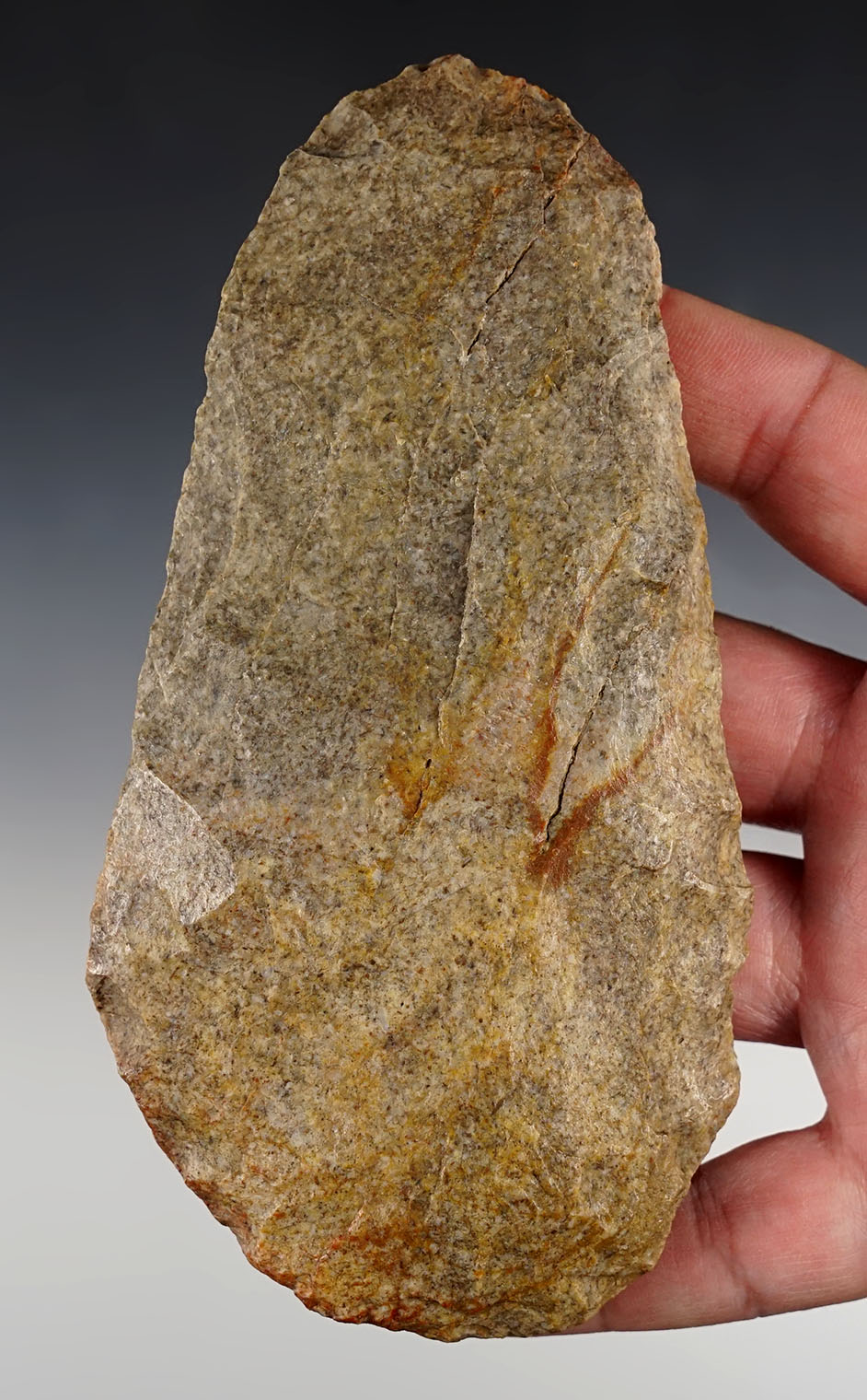 6" Mill Creek Chert Hoe with use polish at bit. Found in Kentucky. 