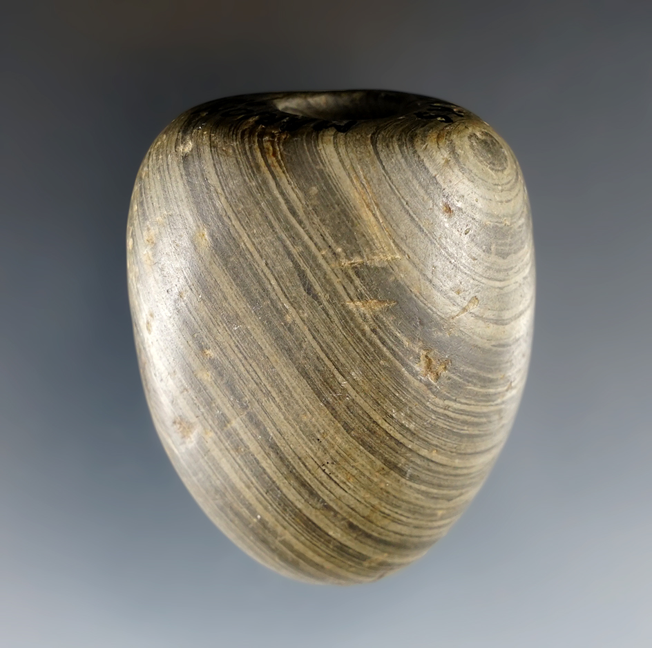 2" Archaic Ball Bannerstone made from green and black Banded Slate. Found in Marion Co., Ohio.