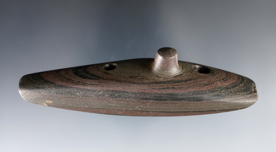 4 3/8" Glacial Kame Spineback Gorget found in Logan Co., Ohio. Pictured in "Prehistoric American" 