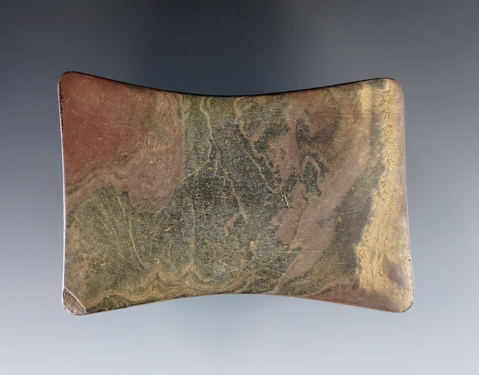 2 7/8" Undrilled Quadriconcave Gorget found in Medina Co., Ohio. Ex. Dave Rubin, Mike Barron.