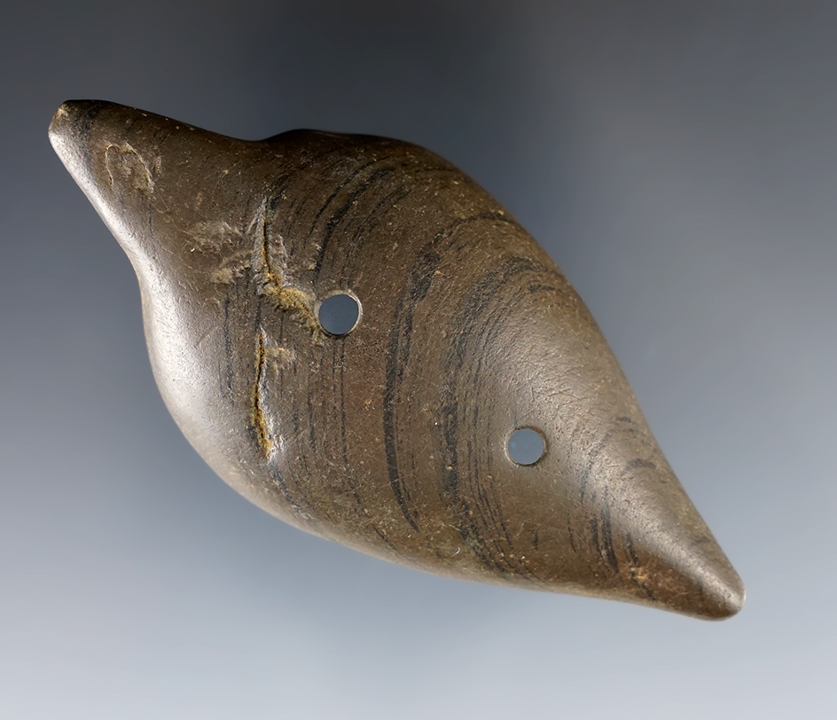 3 1/2" Glacial Kame Birdstone Gorget found in or near Cherry Fork, Adams Co., Ohio. Ex. Frank Smith.