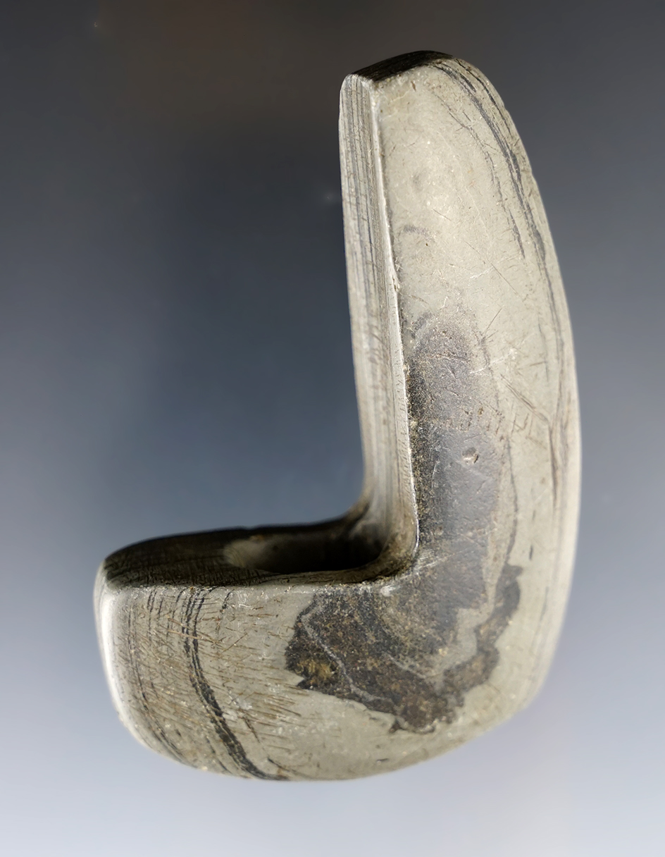 3" Archaic Geniculate made from green and black Banded Slate. Found in Seneca Co., Ohio.  COA. 