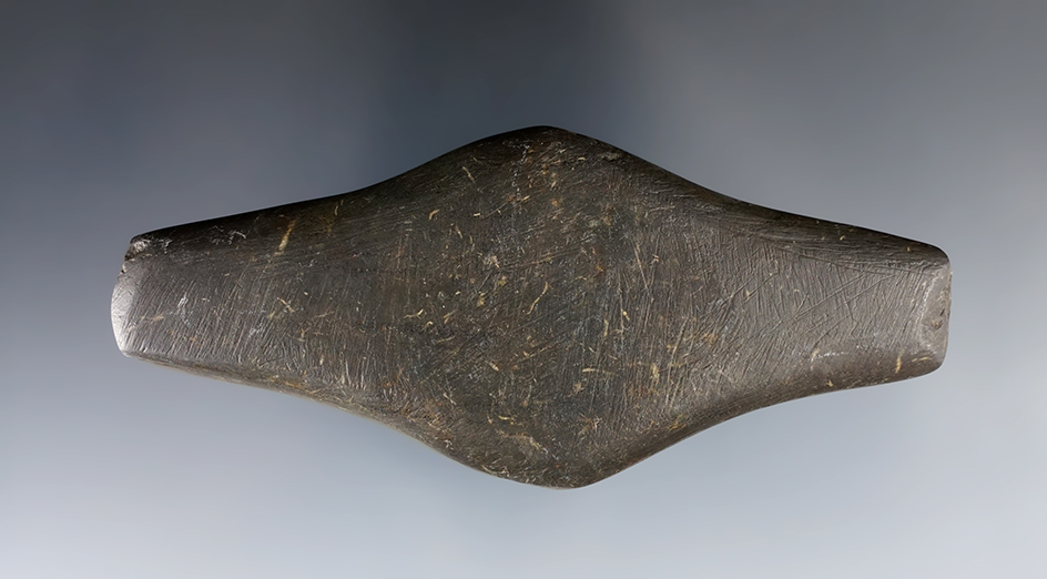 4 3/16" Undrilled Adena Expanded Center Gorget made from black Slate. Found in Crawford Co., Ohio. 