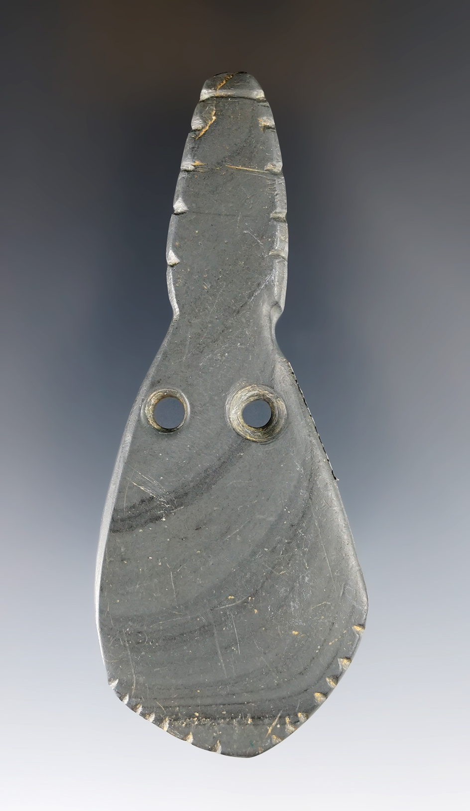 Uniquely styled 3 13/16" Hopewell Effigy Gorget -engraved and tallied. Gallia Co., Ohio. Ex. Converse. 