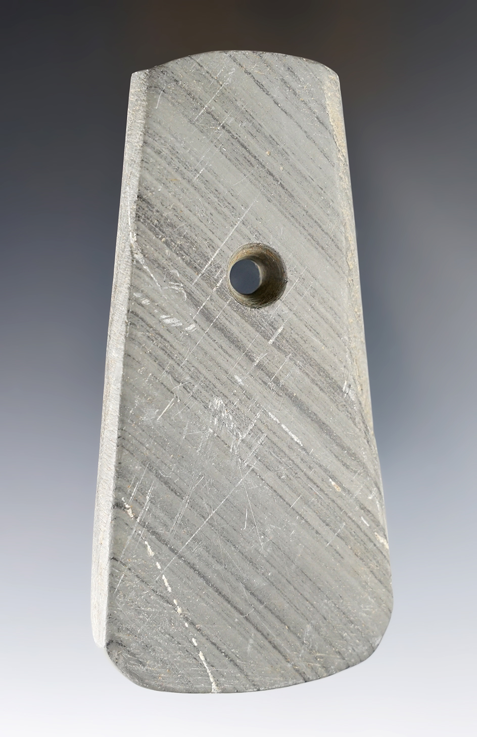 3 15/16" Adena Trapezoidal Pendant found in May of 1984 in Bokes Creek Twp., Logan Co., Ohio. 