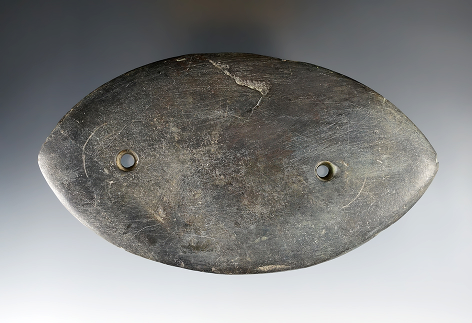 5" Adena Elliptical Gorget with slight restoration to one edge. Found in Williams Co., Ohio. Ex. Beckman 