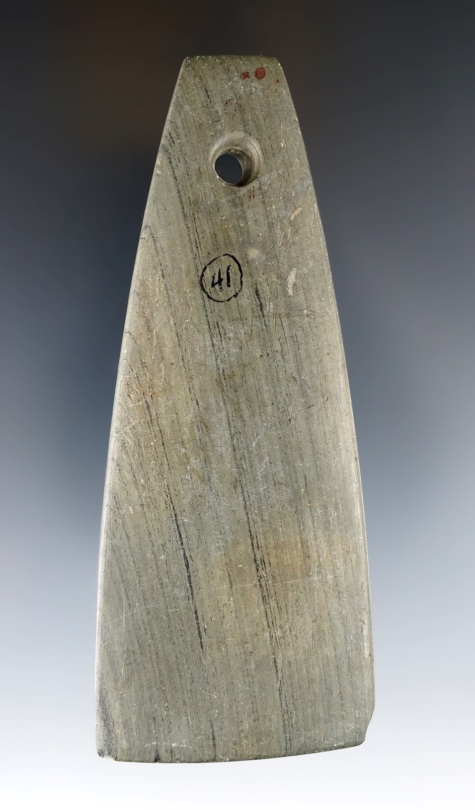 4 7/16" Hopewell Trapezoidal Pendant found in Kalamazoo Co., Michigan. Ex. Boudeman, Parks.