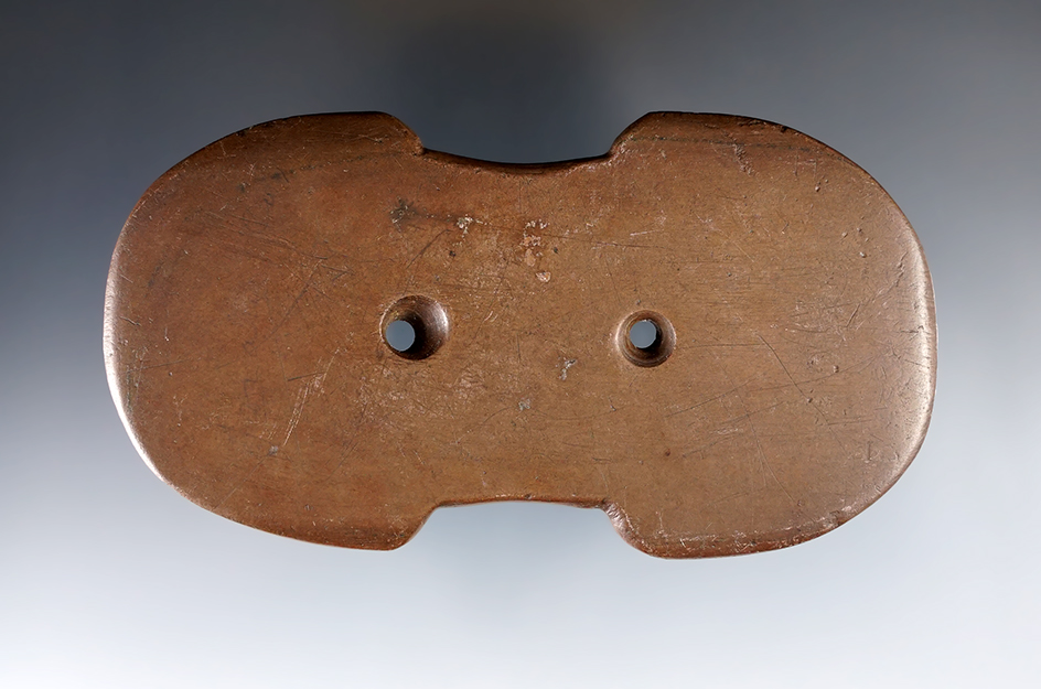 4 5/16" Adena Indented Gorget made from red Slate. Found in Lorain Co., Ohio. Pictured!