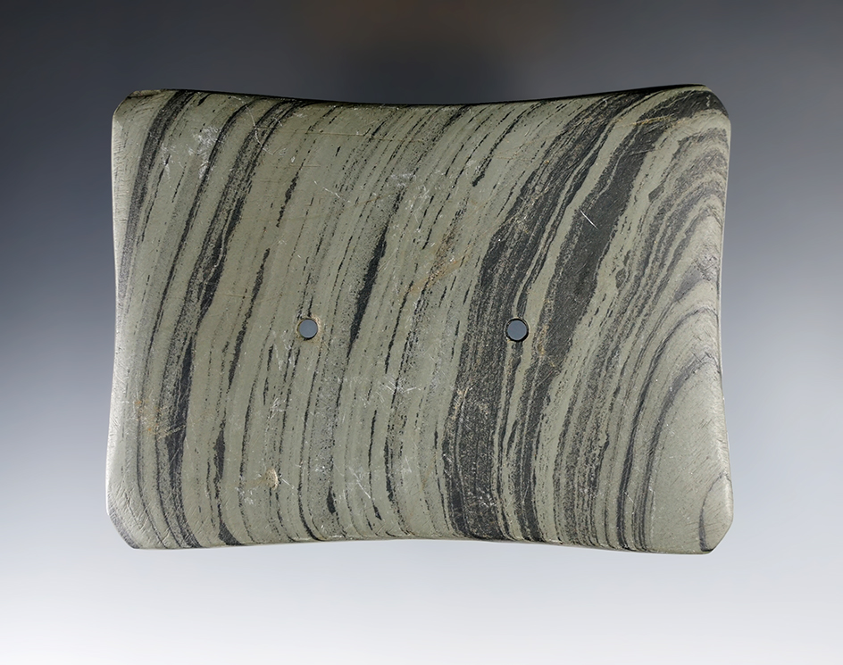 3 15/16" Adena Quadriconcave Gorget found in Montgomery Co., Ohio. Pictured in "Artifacts", Vol. 10 