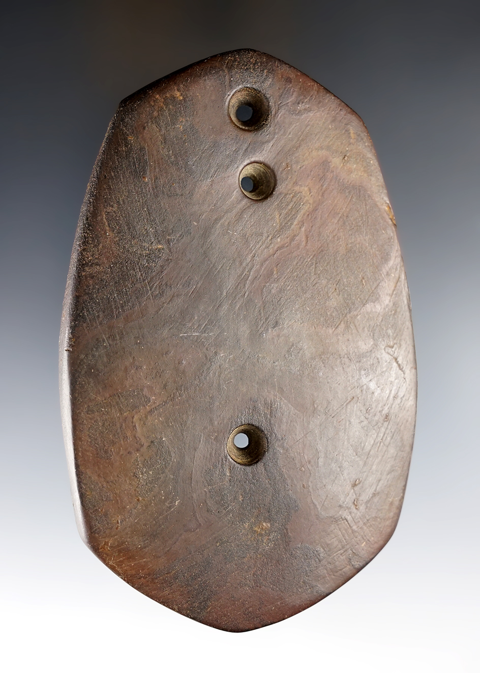4 9/16" Glacial Kame Three Hole Sandal Sole Gorget made from Slate. Found in Lorain Co., Ohio.