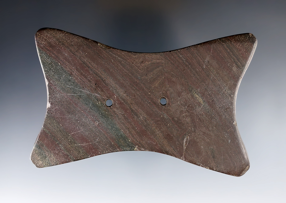 4 3/16" Adena Quadriconcave Gorget made from Banded Slate. Found in Summit Co., Ohio. Pictured!