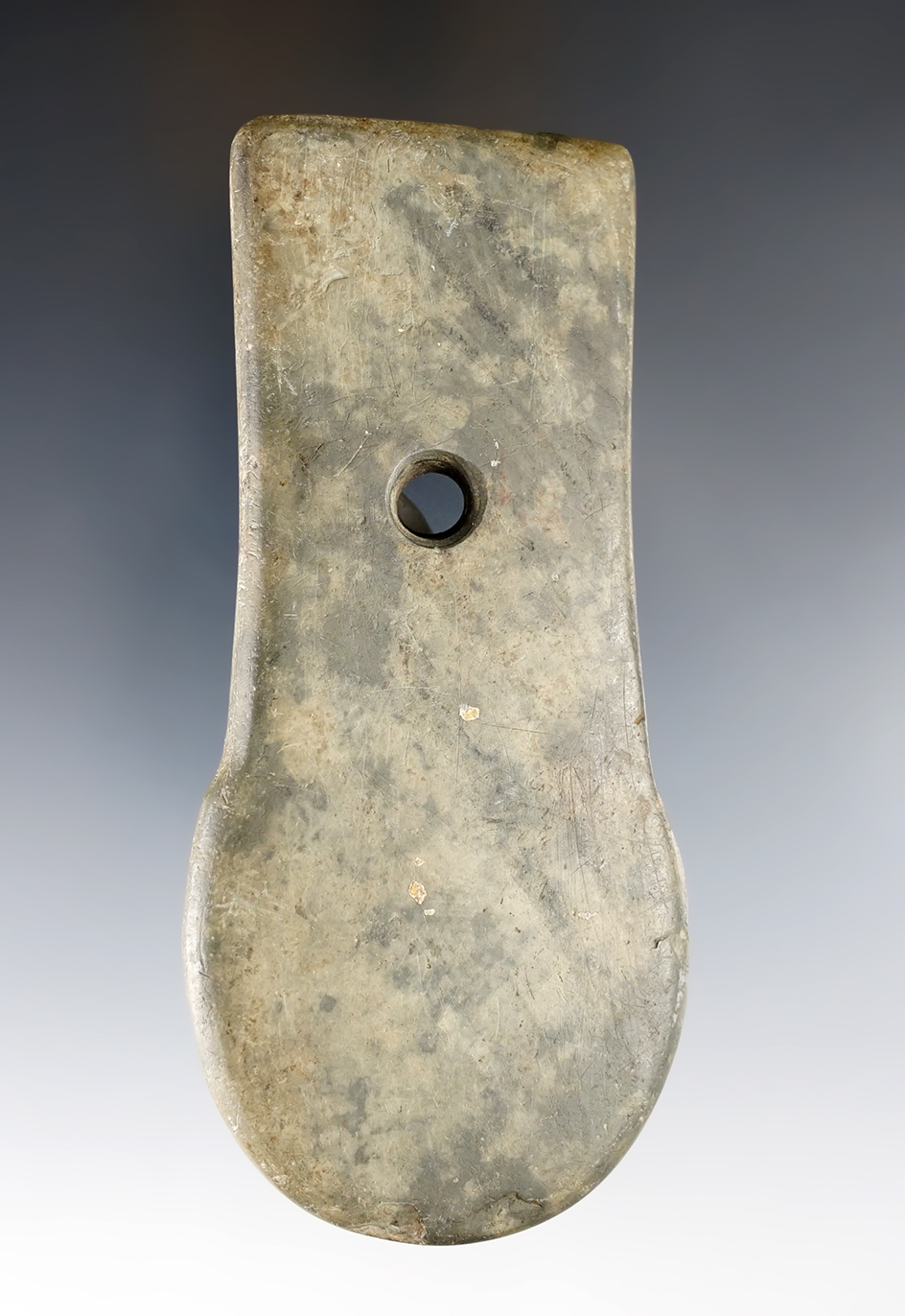 4 7/16" Adena Keyhole Pendant made from Mottled Slate. Wheeling Twp., Guernsey Co., Ohio.