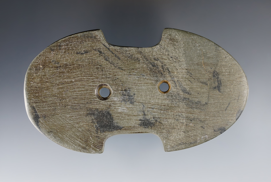 4 5/16" Glacial Kame Indented Gorget made from green and black Mottled Slate. Coshocton Co., Ohio. 