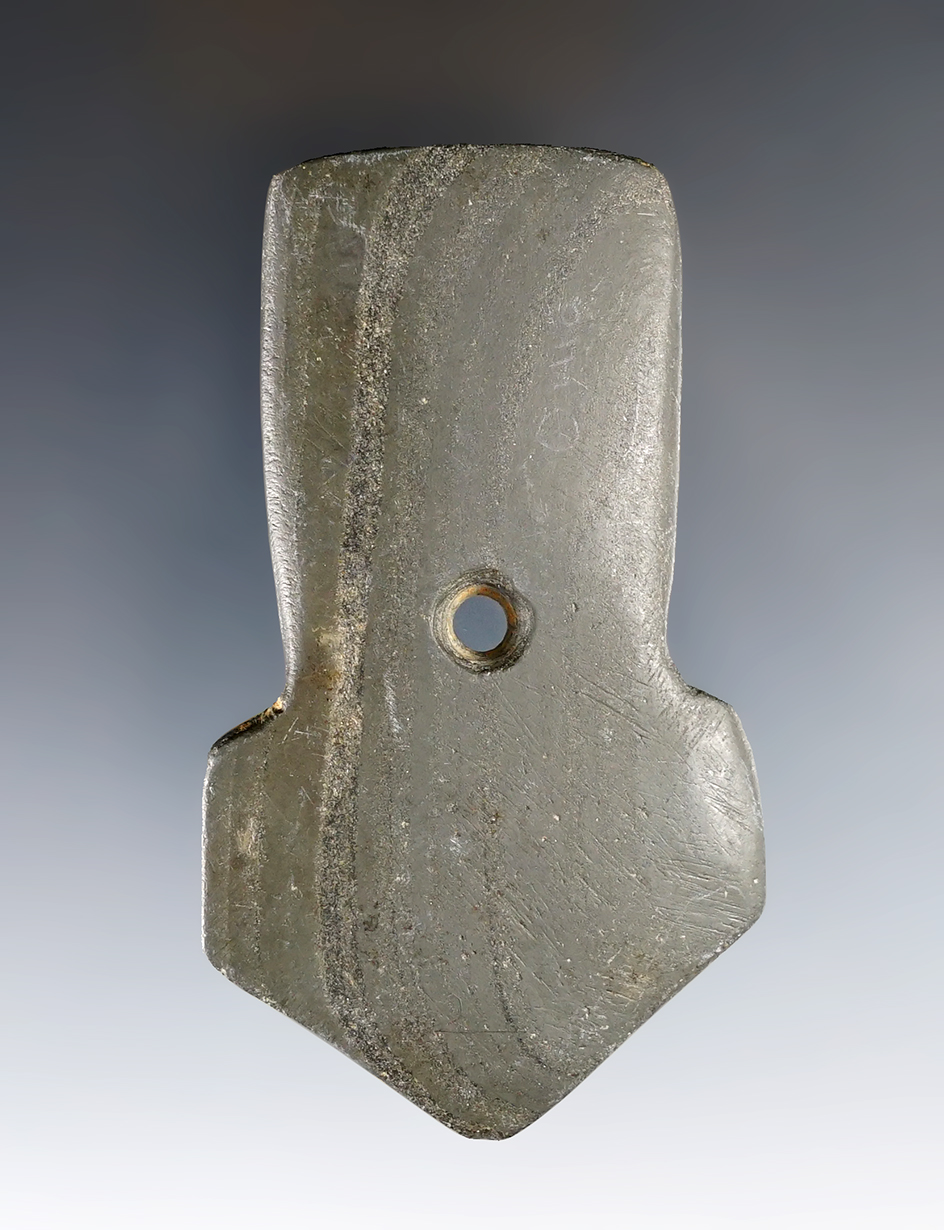 3 5/16" Hopewell Shovel Pendant made from Banded Slate. Found in Hopewell Twp., Perry Co., Ohio. 