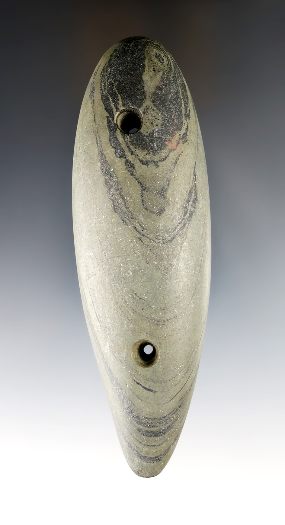 5 1/16" Glacial Kame Gorget found in or near W. Lafayette, Lafayette Twp., Coshocton Co., Ohio.