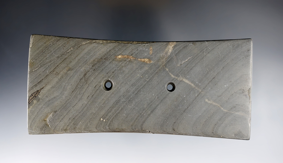 5 1/8" Adena Tablet made from gray and black Banded Slate, Ohio. Pictured in "Who's Who" #8.