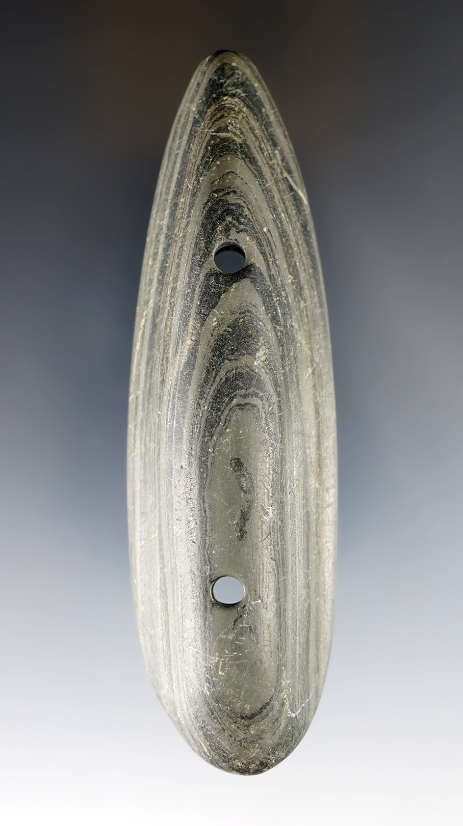 4 1/4" Glacial Kame Boat Shaped Gorget with a concave bottom, found in Richland Co., Ohio. 