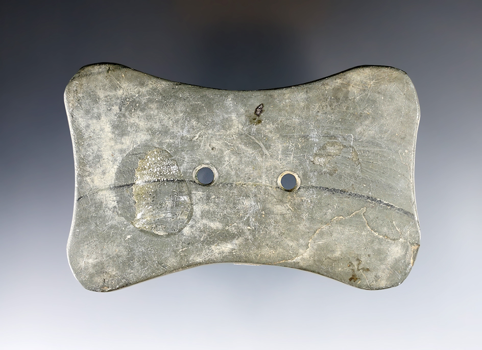 3 3/4" Adena Quadriconcave Gorget made from green and black Banded Slate. Portage Co., Ohio. 